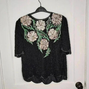 SCALA Vtg 100% Silk Heavily Beaded Short Sleeve Blouse Top Floral Black Medium
